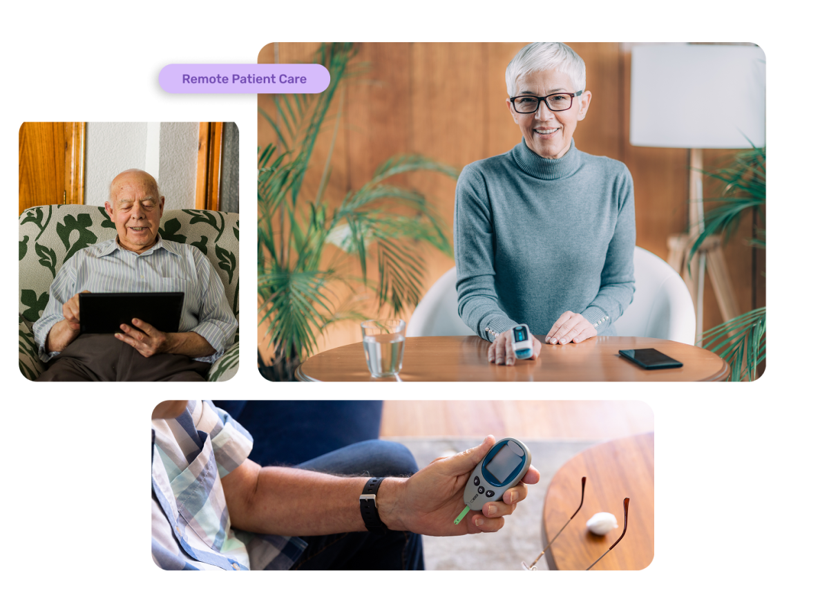 Remote Patient Monitoring (RPM) concept showing seniors using digital health tools, including tablets, pulse oximeters, and glucometers, to track health data from home and share it with providers in real time.