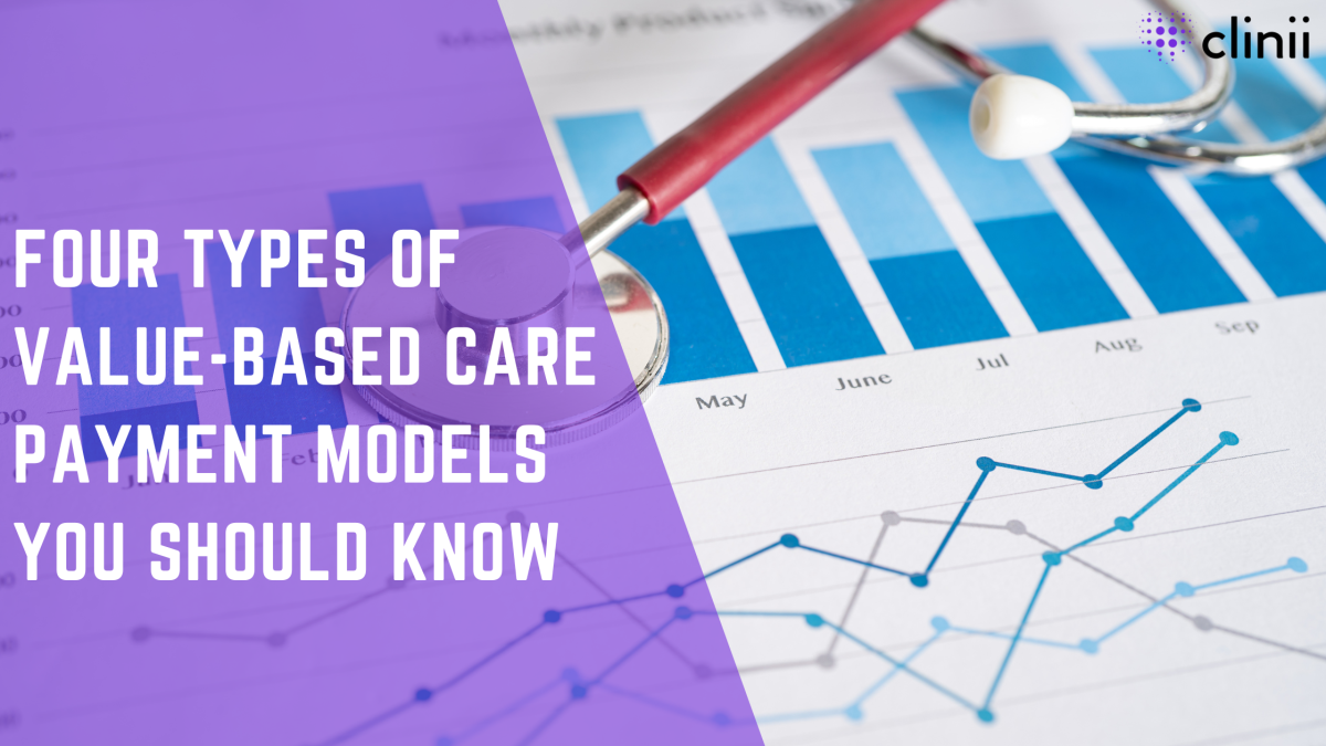 Stethoscope resting on printed healthcare bar and line charts showing monthly financial data; overlaid text reads “Four Types of Value-Based Care Payment Models You Should Know” with Clinii logo.