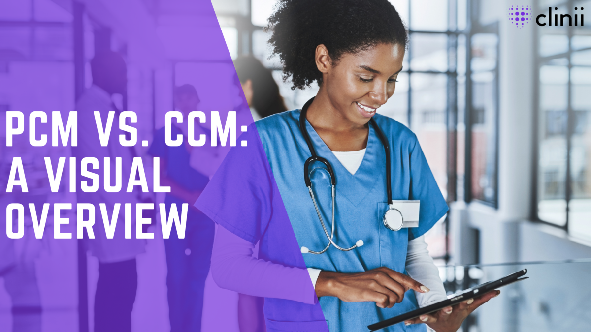 A smiling nurse in blue scrubs with a stethoscope around her neck uses a digital tablet in a brightly lit hospital setting, while the text on the left reads “PCM vs. CCM: A Visual Overview” in bold white letters over a purple overlay, with the Clinii logo in the top right corner.