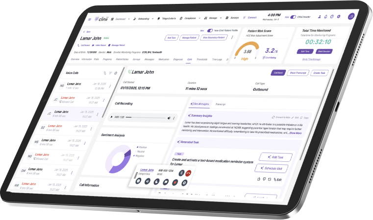 Clinii healthcare dashboard displayed on iPad showing patient records, call summaries, sentiment analysis, and task management tools.