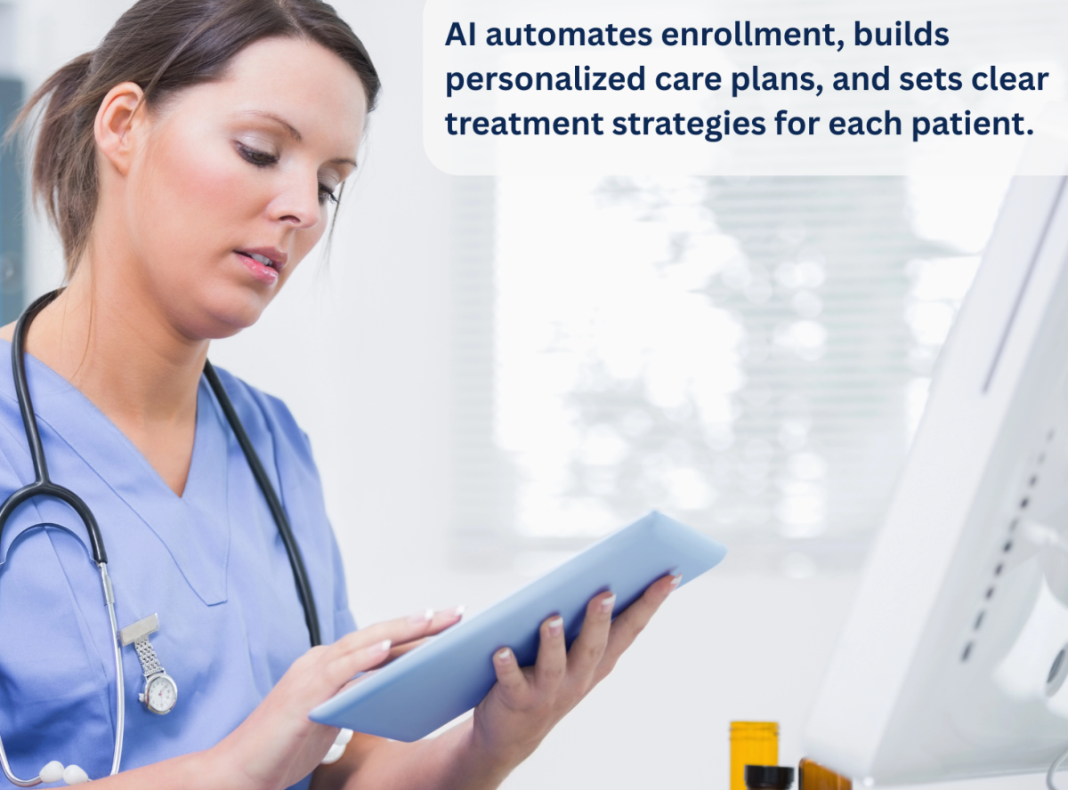 Nurse using tablet with AI automation to create personalized patient care plans.