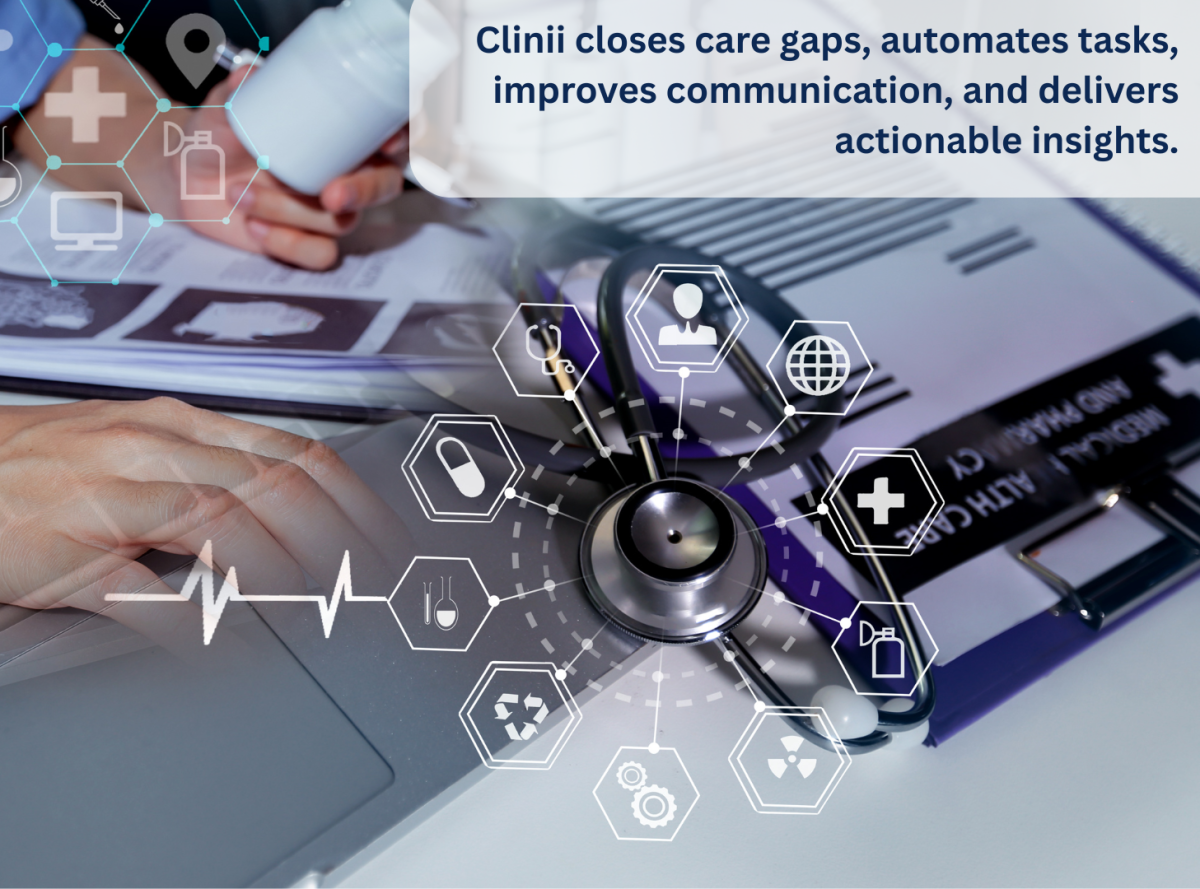 Healthcare technology with stethoscope and data icons for closing care gaps and automating tasks.